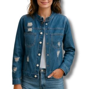 POL Women's Denim jacket Medium Distressed Oversized Pockets Long Blue Z BIN